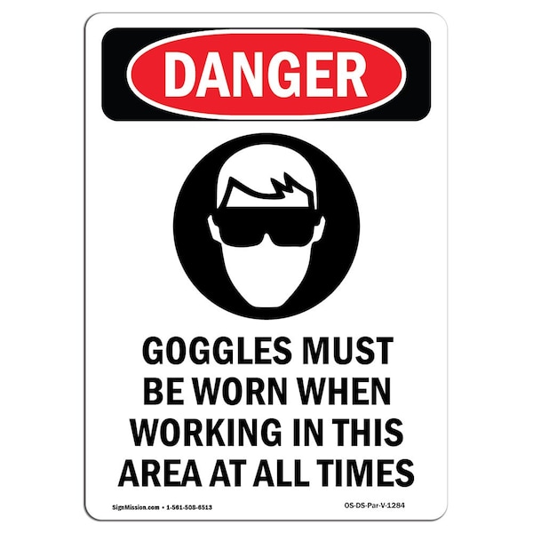 Signmission OSHA Danger Sign, Goggles Must Be Worn, 5in X 3.5in Decal, 3.5" W, 5" H, Portrait OS-DS-D-35-V-1284 - main